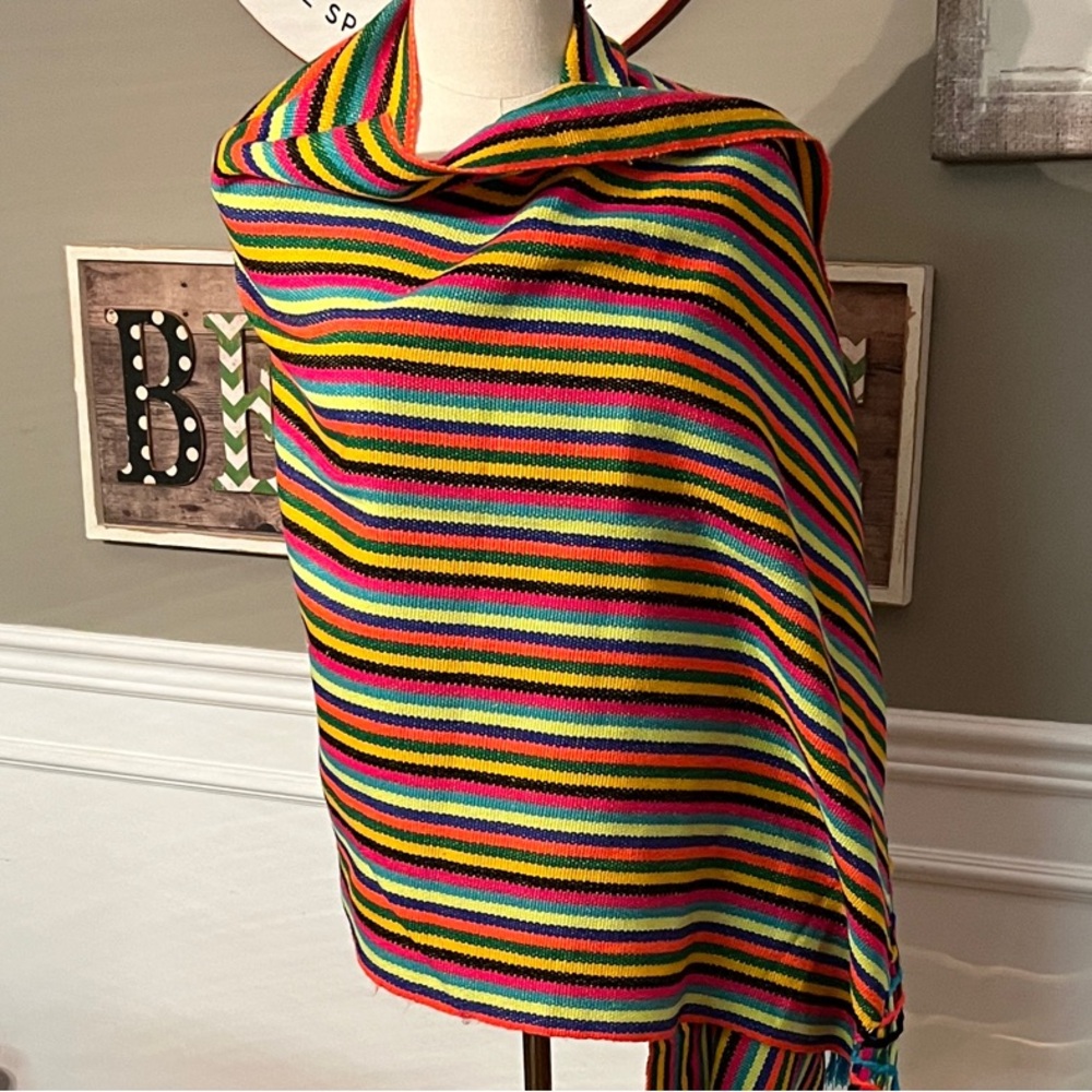 Vintage Mexican Rebozo shawl, multicolored 5 tassels